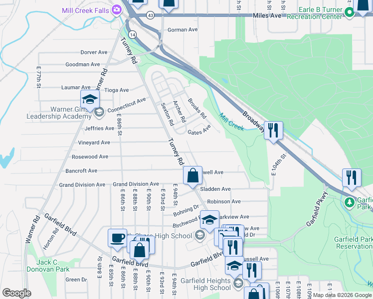 map of restaurants, bars, coffee shops, grocery stores, and more near 4537 Turney Road in Cleveland