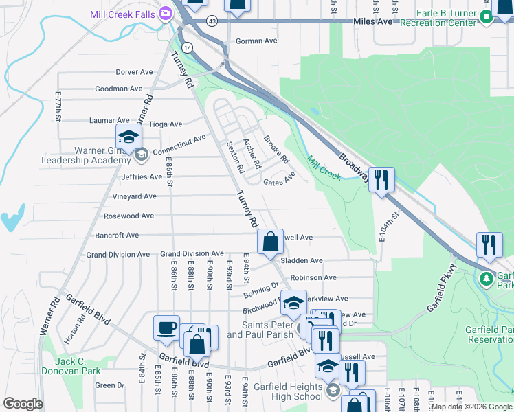 map of restaurants, bars, coffee shops, grocery stores, and more near 4537 Turney Road in Cleveland