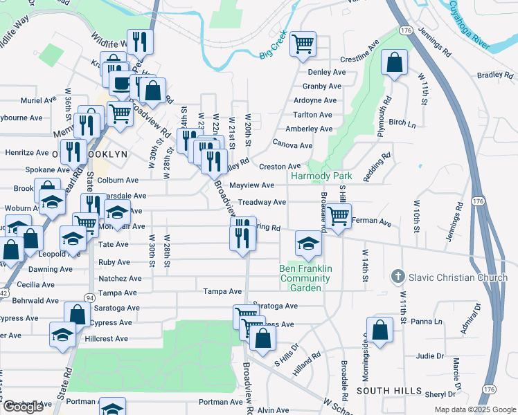 map of restaurants, bars, coffee shops, grocery stores, and more near 2022 Spring Road in Cleveland