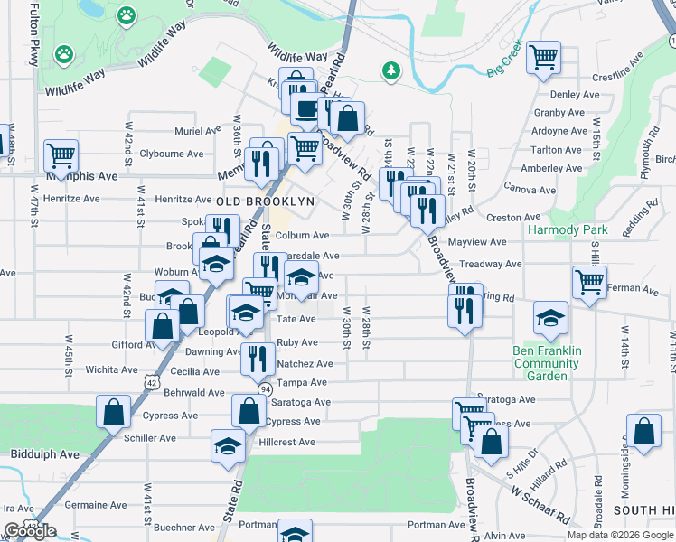 map of restaurants, bars, coffee shops, grocery stores, and more near 3006 Montclair Avenue in Cleveland