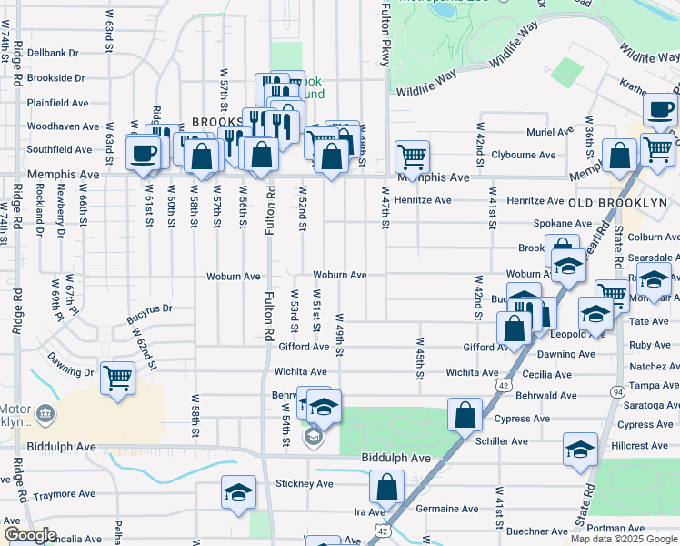 map of restaurants, bars, coffee shops, grocery stores, and more near 4421 West 49th Street in Cleveland