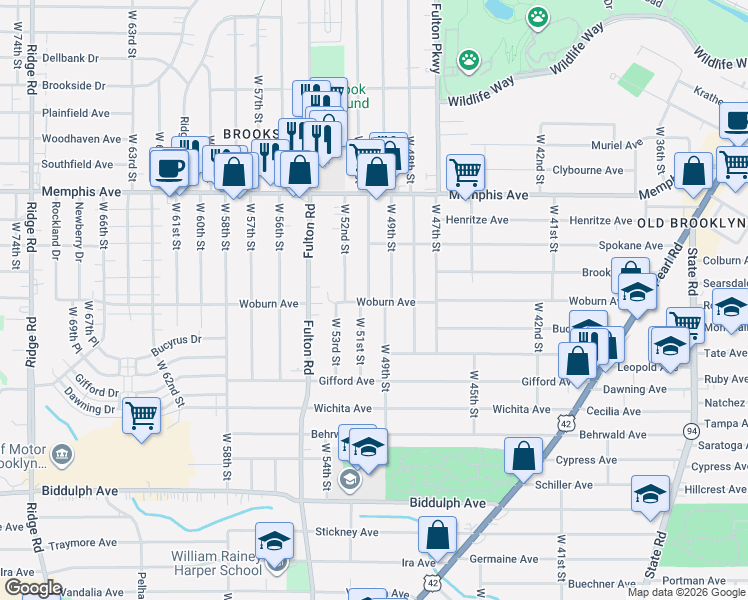 map of restaurants, bars, coffee shops, grocery stores, and more near 4425 West 49th Street in Cleveland