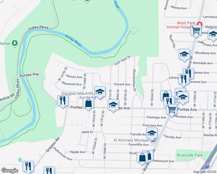 map of restaurants, bars, coffee shops, grocery stores, and more near 4368 West 191st Street in Cleveland
