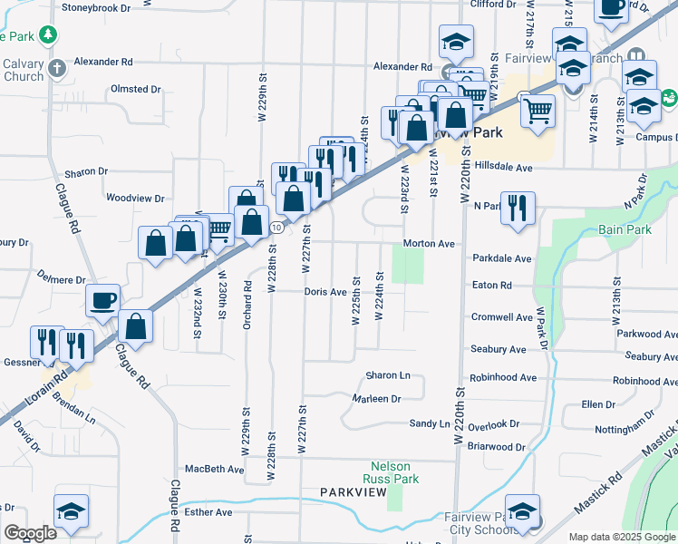 map of restaurants, bars, coffee shops, grocery stores, and more near 4535 West 226th Street in Fairview Park