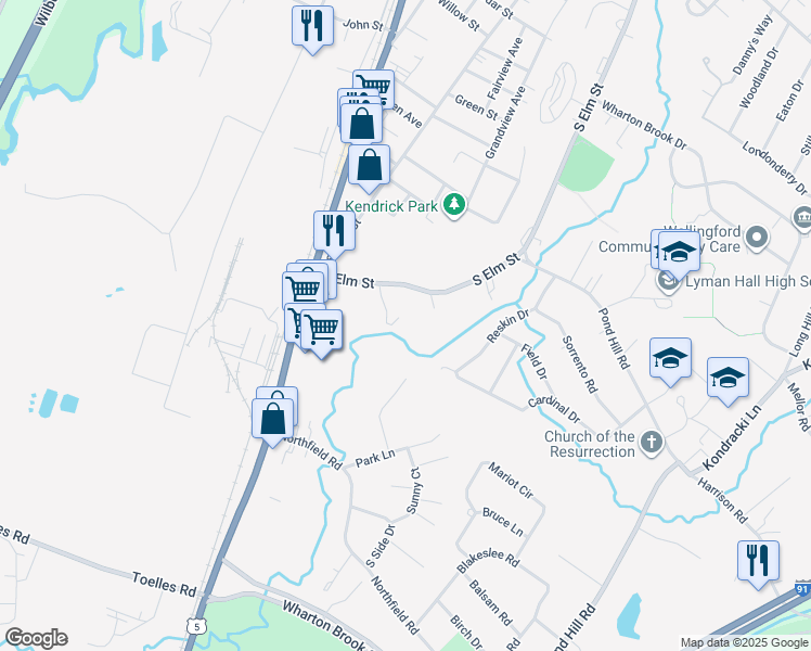 map of restaurants, bars, coffee shops, grocery stores, and more near 610 South Elm Street in Wallingford