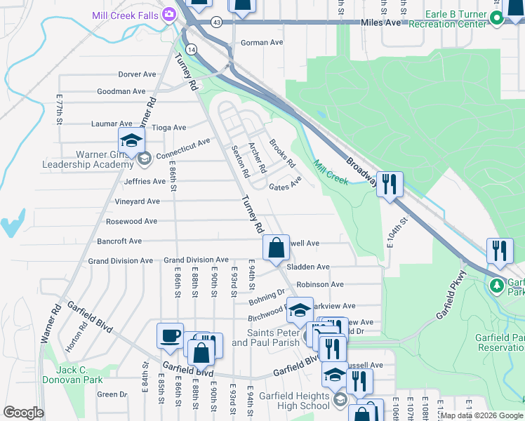 map of restaurants, bars, coffee shops, grocery stores, and more near 4537 Turney Road in Cleveland