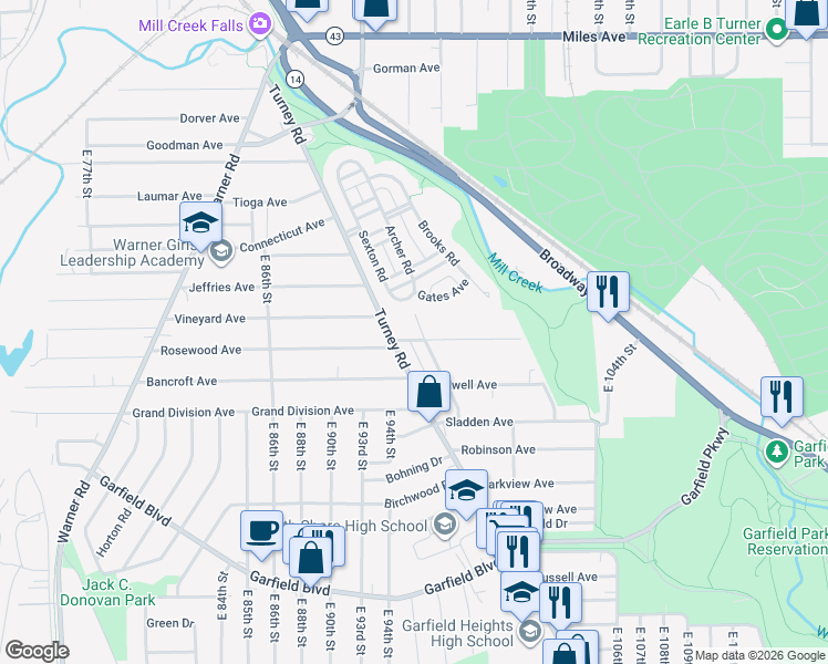 map of restaurants, bars, coffee shops, grocery stores, and more near 4537 Turney Road in Cleveland