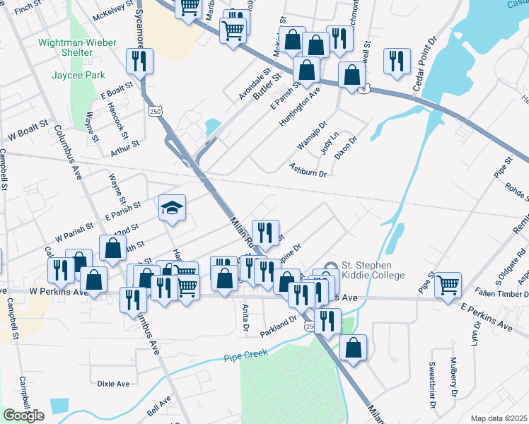 map of restaurants, bars, coffee shops, grocery stores, and more near 2308 Milan Road in Sandusky