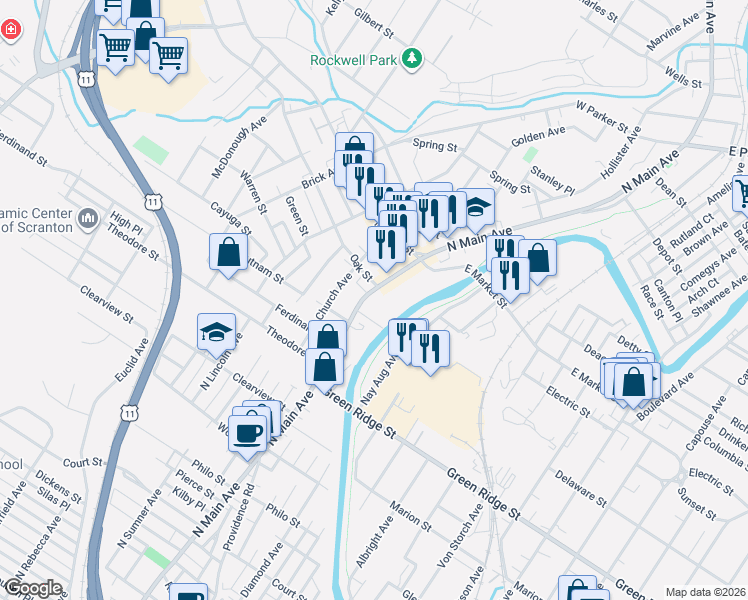map of restaurants, bars, coffee shops, grocery stores, and more near 1617 Love Place in Scranton