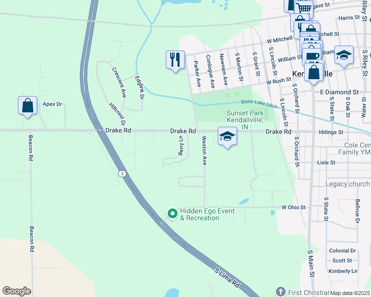 map of restaurants, bars, coffee shops, grocery stores, and more near 647 Berry Lane in Kendallville
