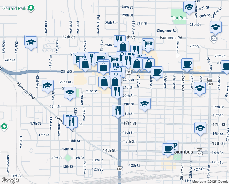 map of restaurants, bars, coffee shops, grocery stores, and more near 3300-3398 20th Street in Columbus