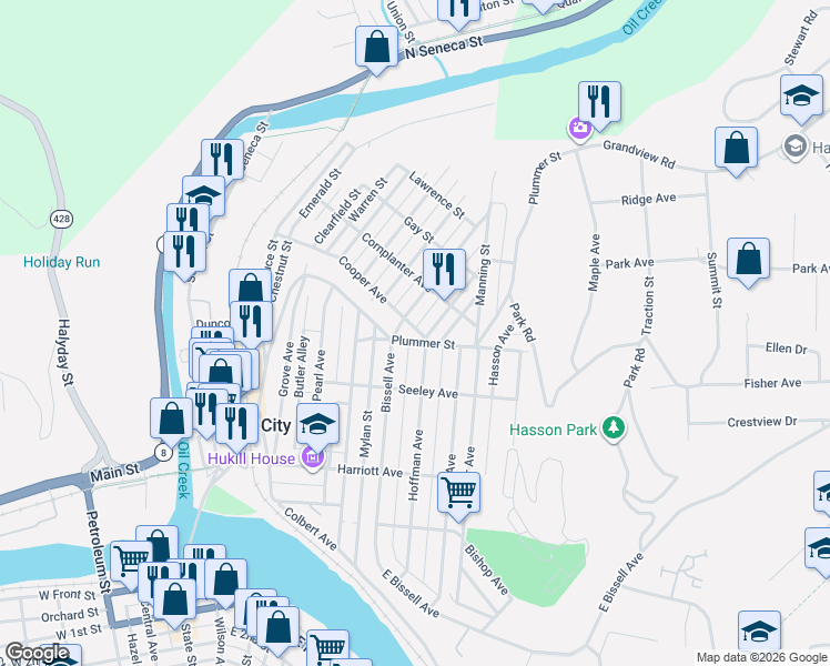 map of restaurants, bars, coffee shops, grocery stores, and more near 323 Bissell Ave in Oil City
