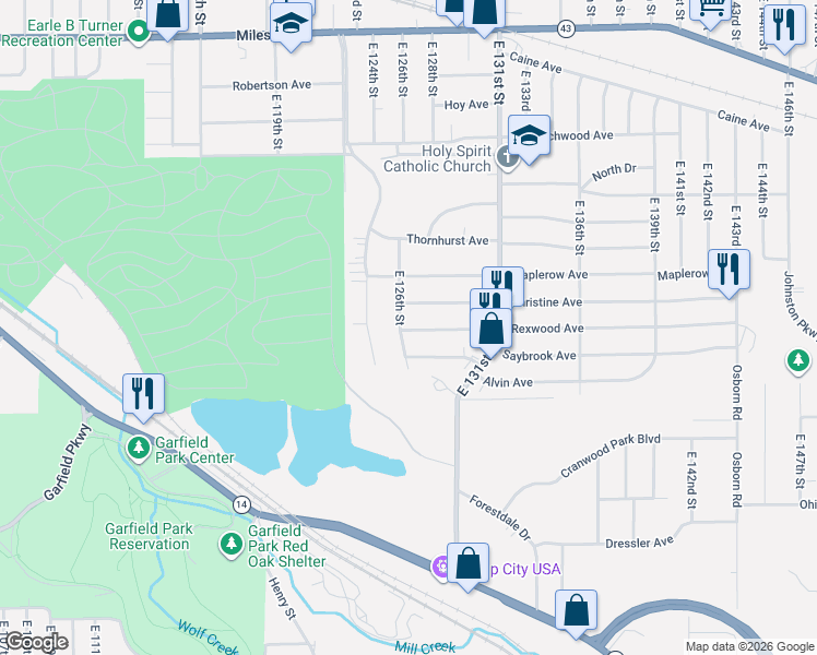 map of restaurants, bars, coffee shops, grocery stores, and more near 12703 Melgrove Avenue in Garfield Heights