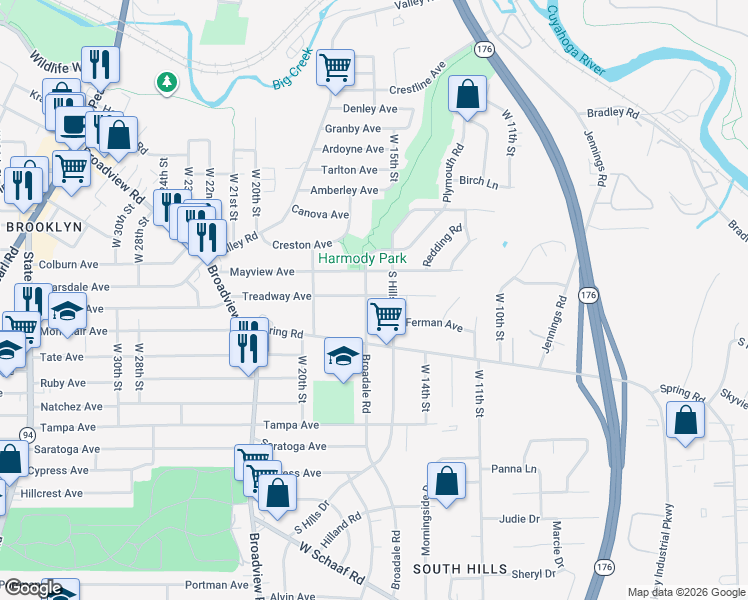 map of restaurants, bars, coffee shops, grocery stores, and more near 4416 South Hills Drive in Cleveland