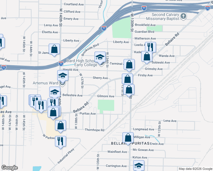 map of restaurants, bars, coffee shops, grocery stores, and more near 4349 West 134th Street in Cleveland