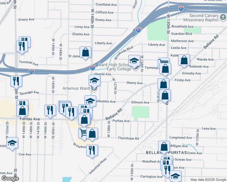 map of restaurants, bars, coffee shops, grocery stores, and more near 4346 West 137th Street in Cleveland