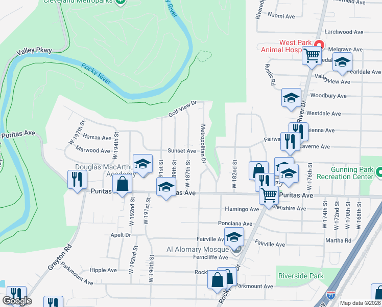 map of restaurants, bars, coffee shops, grocery stores, and more near 4369 West 187th Street in Cleveland