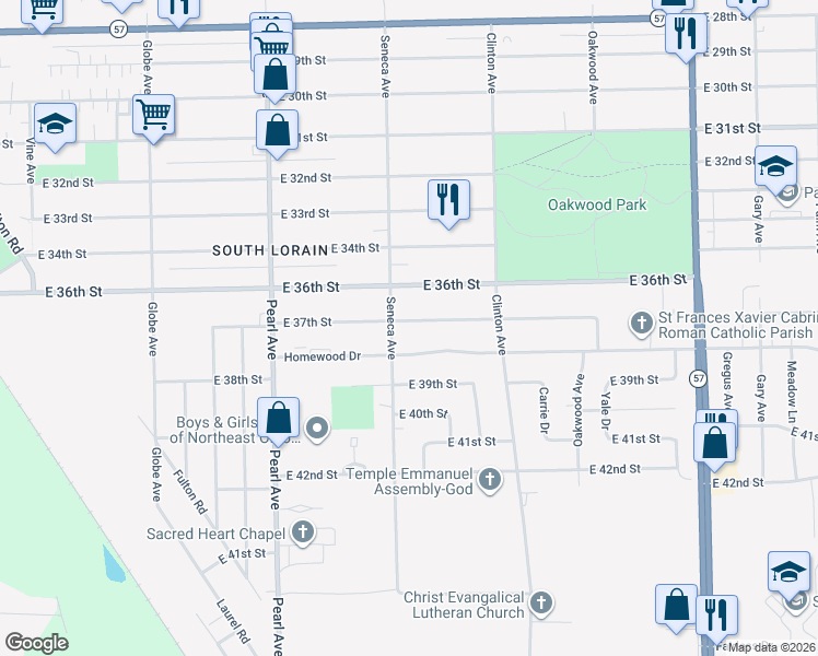 map of restaurants, bars, coffee shops, grocery stores, and more near 1903 Homewood Drive in Lorain