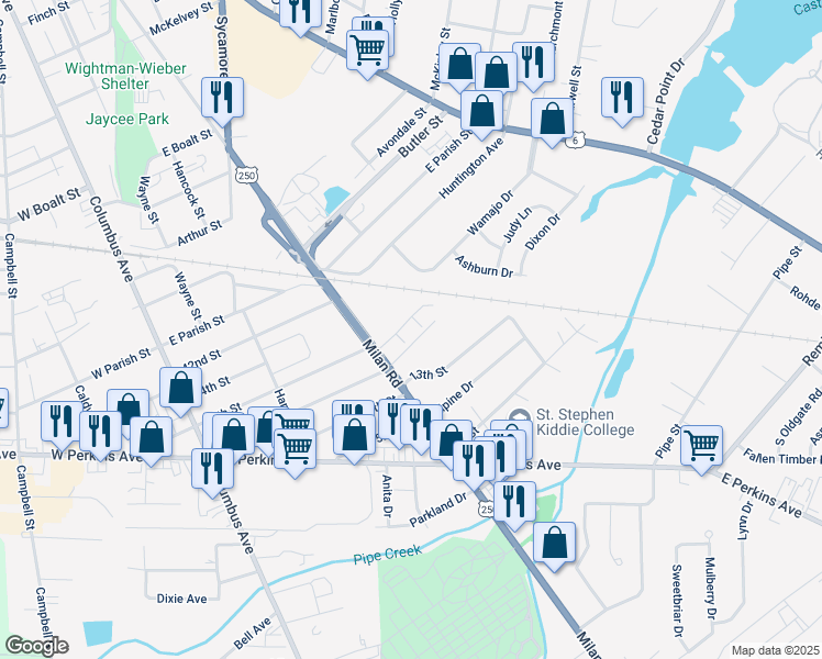 map of restaurants, bars, coffee shops, grocery stores, and more near 2308 Milan Road in Sandusky