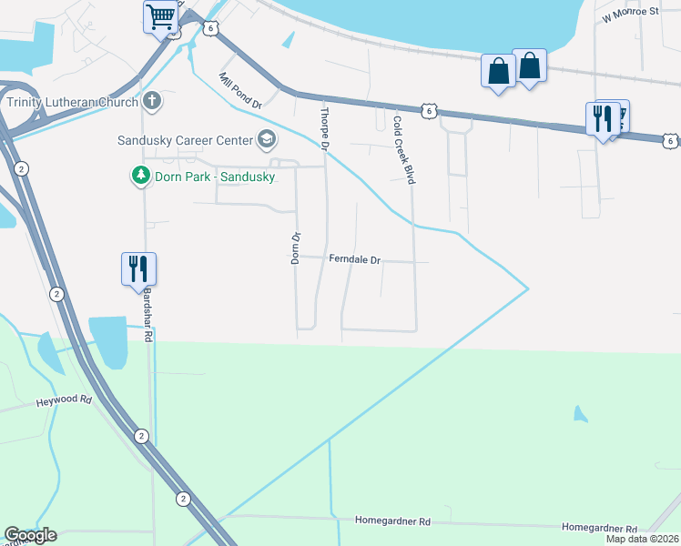 map of restaurants, bars, coffee shops, grocery stores, and more near 814 Thorpe Drive in Sandusky