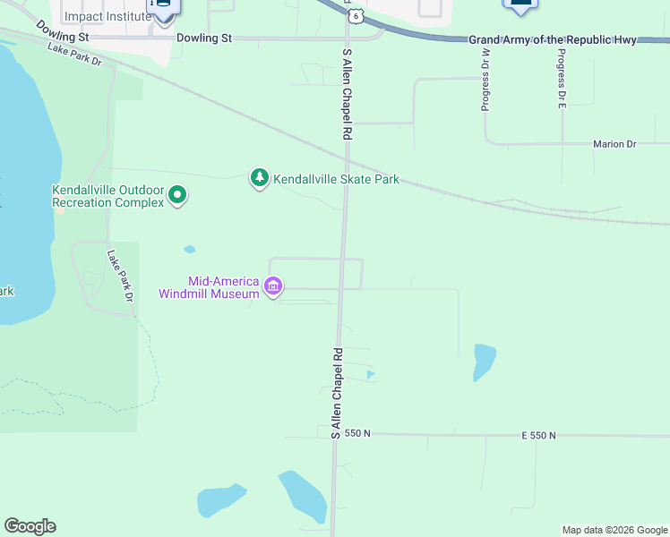 map of restaurants, bars, coffee shops, grocery stores, and more near 1913 Wallace Road in Kendallville