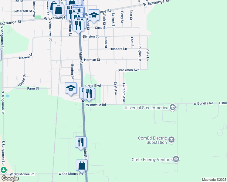 map of restaurants, bars, coffee shops, grocery stores, and more near 1601 Austin Avenue in Crete