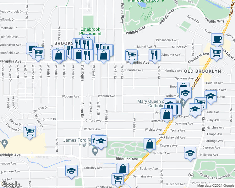 map of restaurants, bars, coffee shops, grocery stores, and more near 4403 West 48th Street in Cleveland