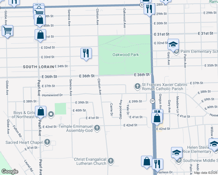 map of restaurants, bars, coffee shops, grocery stores, and more near 2019 Homewood Drive in Lorain