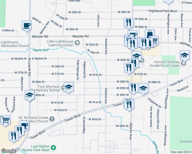 map of restaurants, bars, coffee shops, grocery stores, and more near 1425 West 38th Street in Lorain