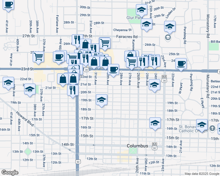 map of restaurants, bars, coffee shops, grocery stores, and more near 2903-2911 20th Street in Columbus