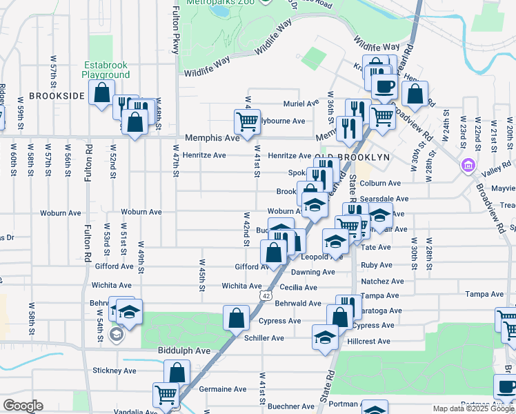 map of restaurants, bars, coffee shops, grocery stores, and more near 4104 Woburn Avenue in Cleveland