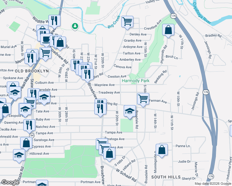 map of restaurants, bars, coffee shops, grocery stores, and more near 2022 Spring Road in Cleveland