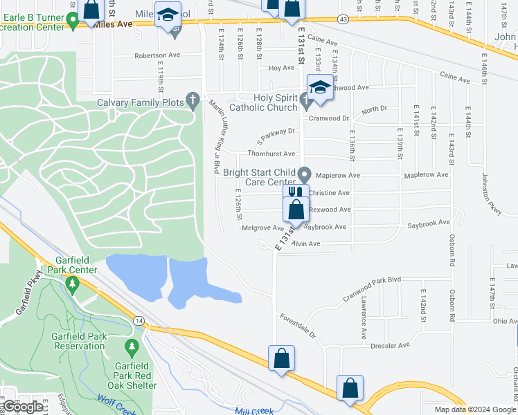 map of restaurants, bars, coffee shops, grocery stores, and more near 12713 Rexwood Avenue in Garfield Heights