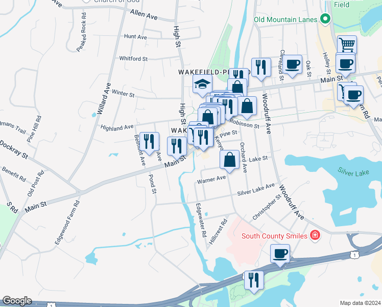 map of restaurants, bars, coffee shops, grocery stores, and more near 446 Main Street in South Kingstown