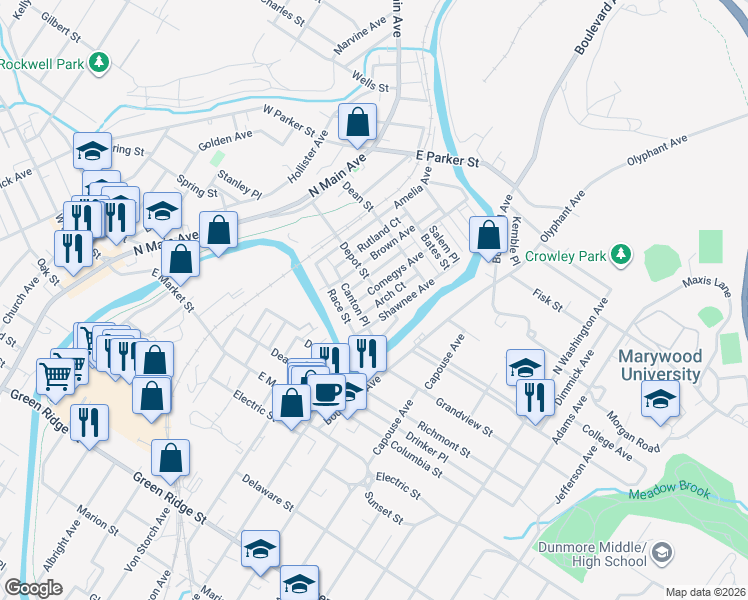 map of restaurants, bars, coffee shops, grocery stores, and more near 2128 Shawnee Avenue in Scranton
