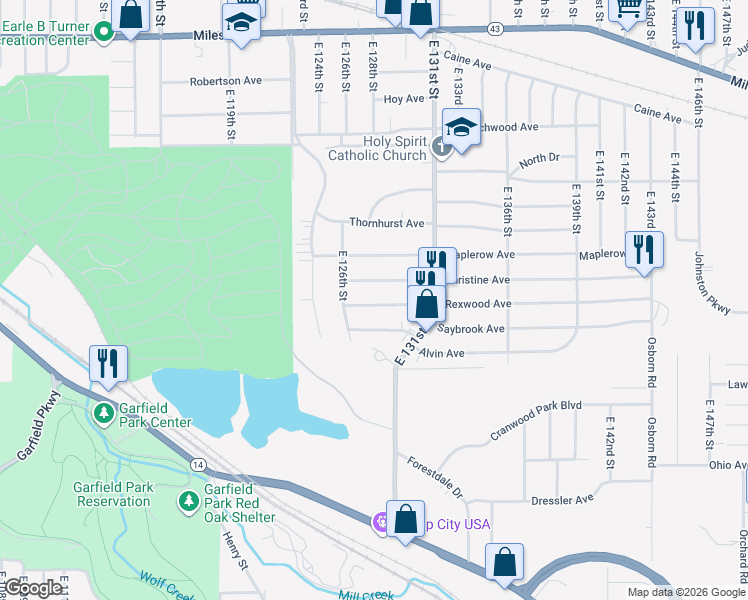 map of restaurants, bars, coffee shops, grocery stores, and more near 12703 Melgrove Avenue in Garfield Heights