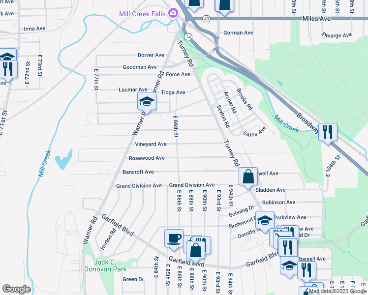map of restaurants, bars, coffee shops, grocery stores, and more near 8706 Rosewood Avenue in Cleveland