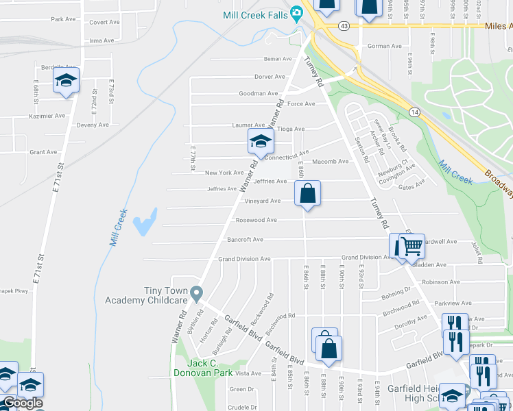 map of restaurants, bars, coffee shops, grocery stores, and more near 8205 Rosewood Avenue in Cleveland
