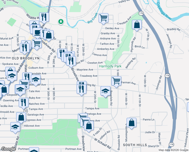 map of restaurants, bars, coffee shops, grocery stores, and more near 2022 Spring Road in Cleveland