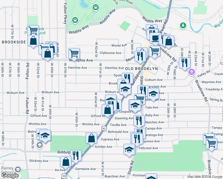 map of restaurants, bars, coffee shops, grocery stores, and more near 3910 Bucyrus Avenue in Cleveland