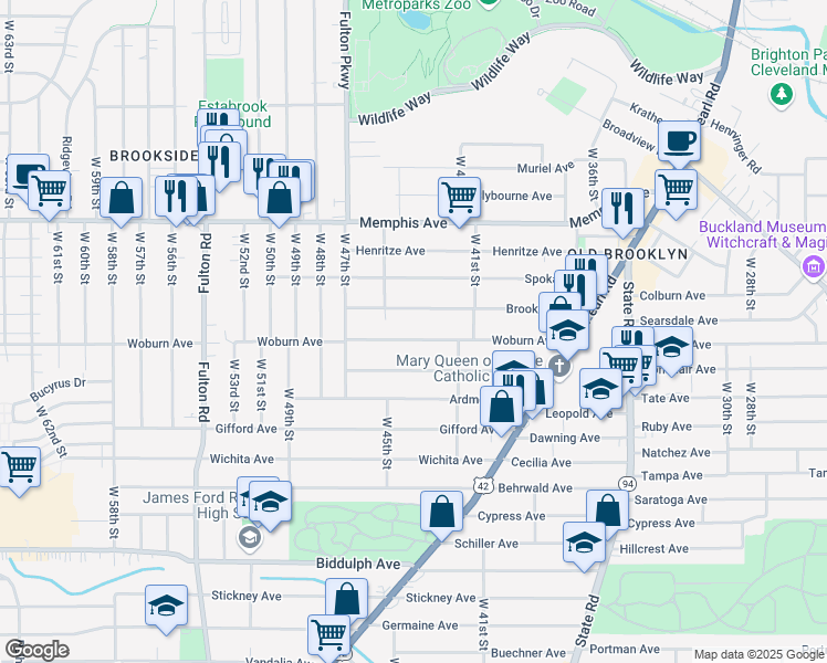 map of restaurants, bars, coffee shops, grocery stores, and more near 4403 Woburn Avenue in Cleveland