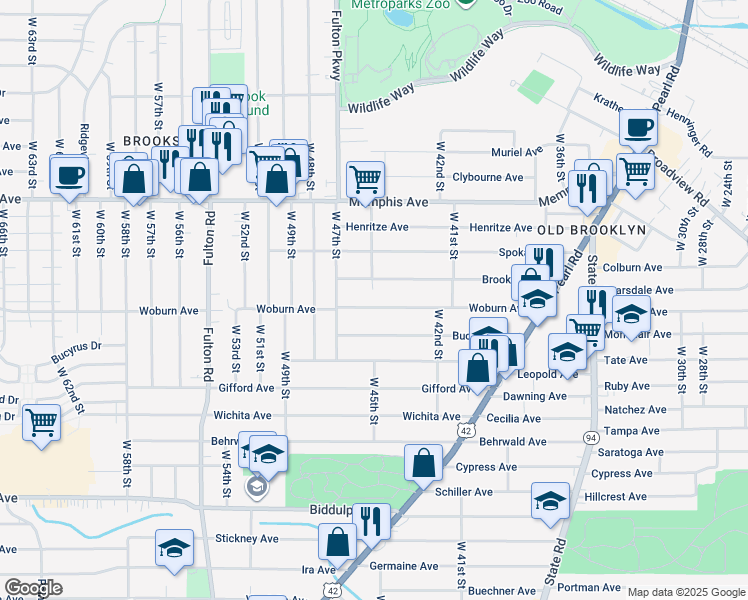 map of restaurants, bars, coffee shops, grocery stores, and more near 4606 Bucyrus Avenue in Cleveland