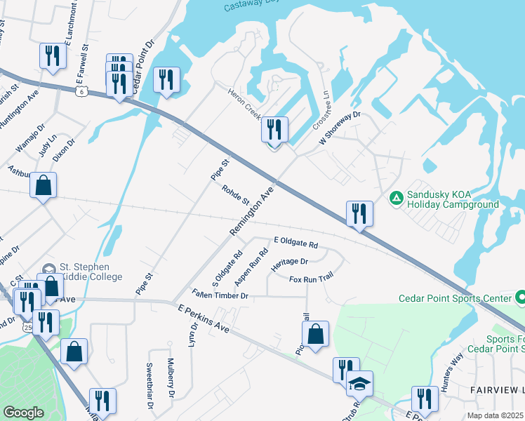 map of restaurants, bars, coffee shops, grocery stores, and more near 1945 East Oldgate Road in Sandusky