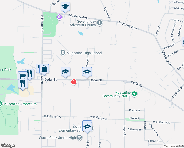 map of restaurants, bars, coffee shops, grocery stores, and more near 2601-2667 Cedar Street in Muscatine