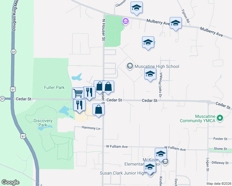 map of restaurants, bars, coffee shops, grocery stores, and more near 3000-3112 Cedar Street in Muscatine