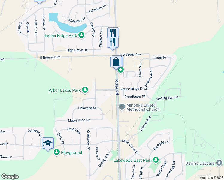 map of restaurants, bars, coffee shops, grocery stores, and more near 516 Lily Court in Minooka