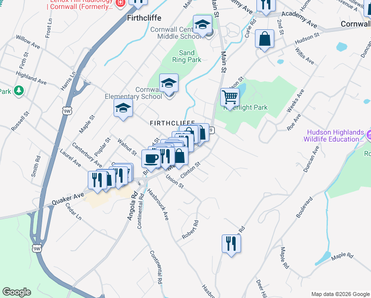 map of restaurants, bars, coffee shops, grocery stores, and more near 257 Main Street in Cornwall