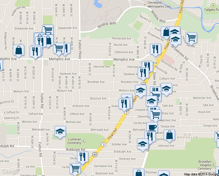 map of restaurants, bars, coffee shops, grocery stores, and more near 4124 Woburn Ave in Cleveland