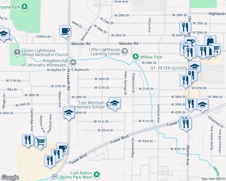 map of restaurants, bars, coffee shops, grocery stores, and more near 1800 West 38th Street in Lorain