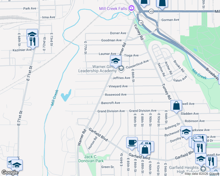 map of restaurants, bars, coffee shops, grocery stores, and more near 8205 Rosewood Avenue in Cleveland